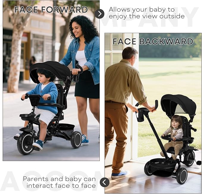 Kinder King Kids Tricycle, 8 in 1 Folding Toddler Trike w/Adjustable Push Handle, Rotatable Seat, Adjustable Canopy, Bell, Five-Point Harness, Storage, Toddler Stroller Bike for Age 6 Months+, Black