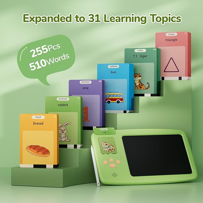 Talking Flash Cards for Toddlers - 2-in-1 LCD Writing Tablet Kids - Montessori Language Learning with 510 Words - Autism & Speech Therapy Toys for Children Gifts, Green