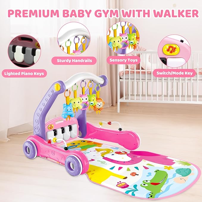 4-in-1 Baby Gym Play Mat with Learning Walker, Tummy Time Mat & Baby Push Toys for Newborn Infant 0-3-6-9-12 Month Boy Girl, Babies Activity Center with Play Piano & Lights, Ideal Toddler Babies Gifts