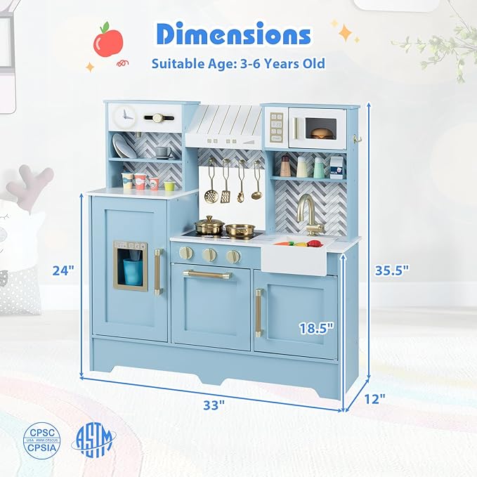 Costzon Kids Kitchen Playset, Toddler Pretend Cooking Playset w/Stoves, Faucet, Sink, Coffee Machine, Range Hood, Microwave Oven & Ice Dispenser, Wooden Chef Play Kitchen for Kids Aged 3+ (Blue)