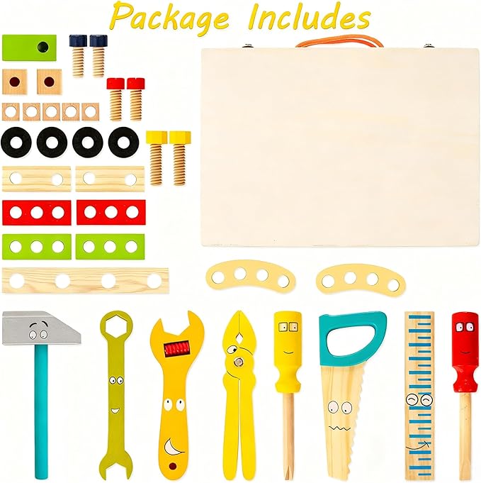 KIDWILL Tool Kit for Kids, 36-Piece Wooden Toddler Tools Set Includes Tool Box, Montessori Educational Stem Construction Toys for 2 3 4 5 6 Year Old Boys Girls, Best Birthday Gift for Kids
