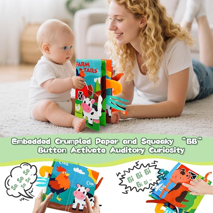 Baby Books Toys 0-12 Months with Teether,Tummy Time Crinkle Sensory Toys,High Contrast Touch & Feel Soft Book, Early Learning Infant Toys,Shower Gift for Boys Girls (Farm Animals)