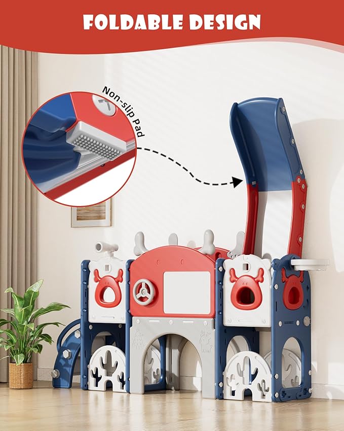 YUFU 13 in 1 Kids Slide for Toddlers, Toddler Slide Playset with Golf, Drawing Board, Climber, Basketball Hoop, Storage Space, Indoor Outdoor Toddler Playground for Kids Age 1-3 (Blue Red)