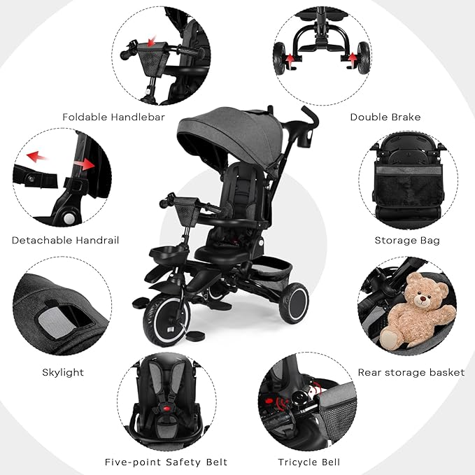Kinder King Kids Tricycle, 8 in 1 Folding Toddler Trike w/Adjustable Push Handle, Rotatable Seat, Adjustable Canopy, Bell, Five-Point Harness, Storage, Toddler Stroller Bike for Age 6 Months+, Grey
