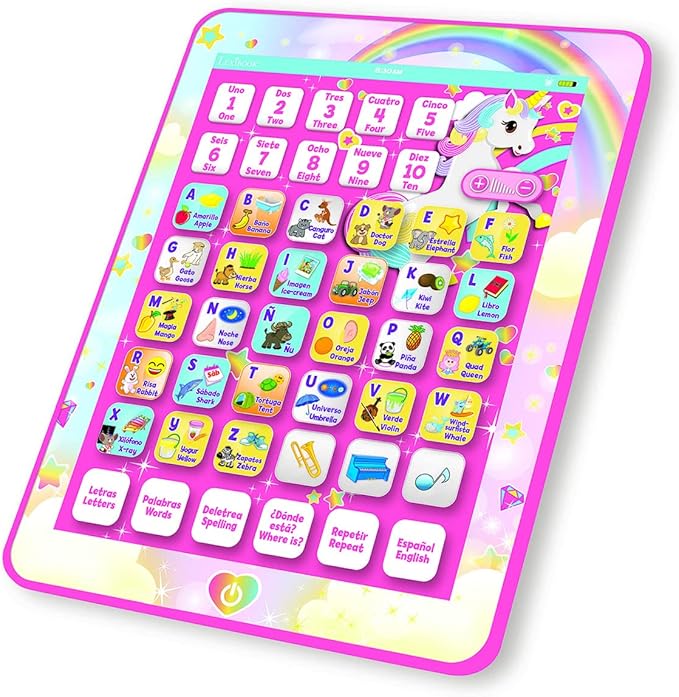 LEXiBOOK Unicorn Educational Bilingual Interactive Learning Tablet, Toy to Learn Alphabet Letters Numbers Words Spelling and Music, English/Spanish Languages, Pink, JCPAD002UNIi2