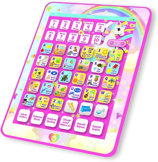 LEXiBOOK Unicorn Educational Bilingual Interactive Learning Tablet, Toy to Learn Alphabet Letters Numbers Words Spelling and Music, English/Spanish Languages, Pink, JCPAD002UNIi2