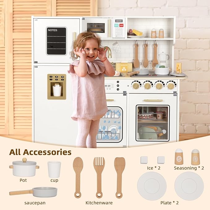 OOOK Wooden Kids Kitchen Playset, Simulated Kids Play Kitchen with Lights and Sounds, Nice Role Play Toy Kitchen with Plenty of Play Features for Kids Gift