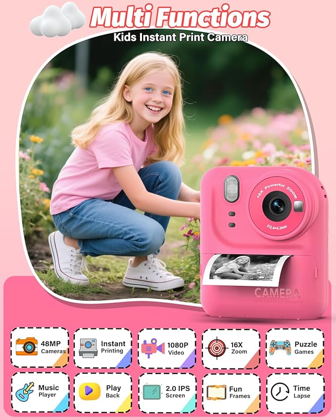 Kids Camera Instant Print Photo, Portable Thermal Printing Camera Toy with HD Digital Video, for 3-12 Years Old Boys Girls, Creativity & Learning (Rose Red)