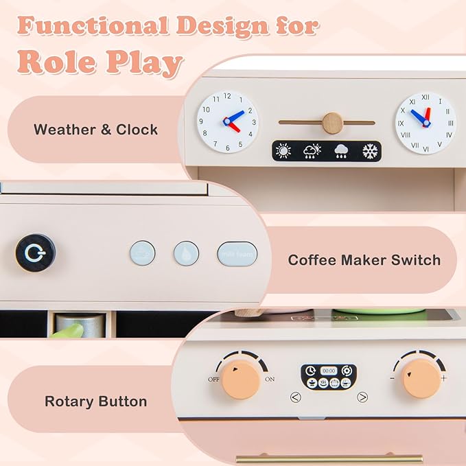 INFANS Kids Kitchen Playset, Cooking Toy Kitchen Set with Coffee Machine Stove Removable Sink Microwave Storage Cabinet, Simulation Wooden Play Kitchen for Toddler Boys Girls