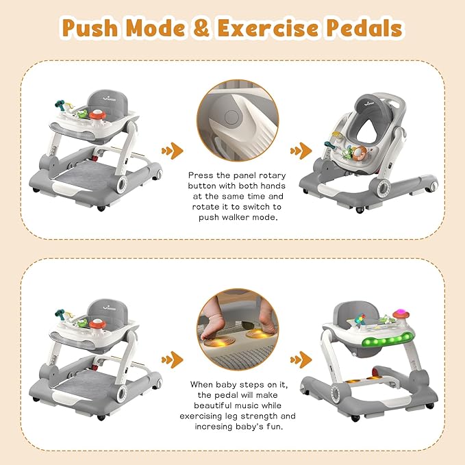 5 in 1 Baby Walker, Activity Baby Walker-Baby Bouncer, Rocker, Activity Center,Seat and Push Walker,Detachable Trampoline Mat, Adjustable Speed Rear Wheels and Height,Ages 6-18 Months