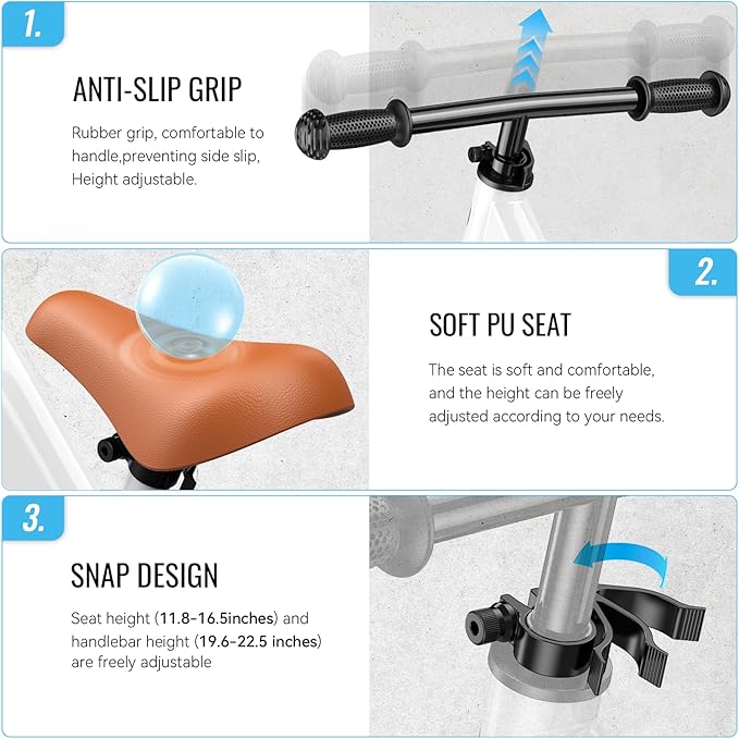 SEREED Toddler Balance Bike 2 Year Old, No Pedal Kids Bicycle Toys for 2-5 Years Old, Tool-Free Adjustment, Customize Plate with Stickers, Gift for 2-3 Boys Girls (White Lighting)