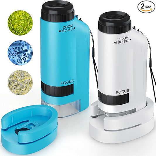 Portable Microscope for Kids Zoom 60x-180x,Handheld Mini Microscope STEM & Science Toys,LED Pocket Little Scientist Microscopes with 12pcs Slides,Gifts for 6,7,8,9,10+ Girls Boys（Blue&White）