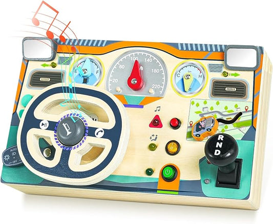 Busy Board Montessori Toys for 1 2 3 Year Old, Wooden Toddler Sensory Toy Busy Board with LED Lights Sound Switch, Toddlers Activity Travel Toy, Steering Wheel Toddler Toys Christmas Gift for Boy Girl