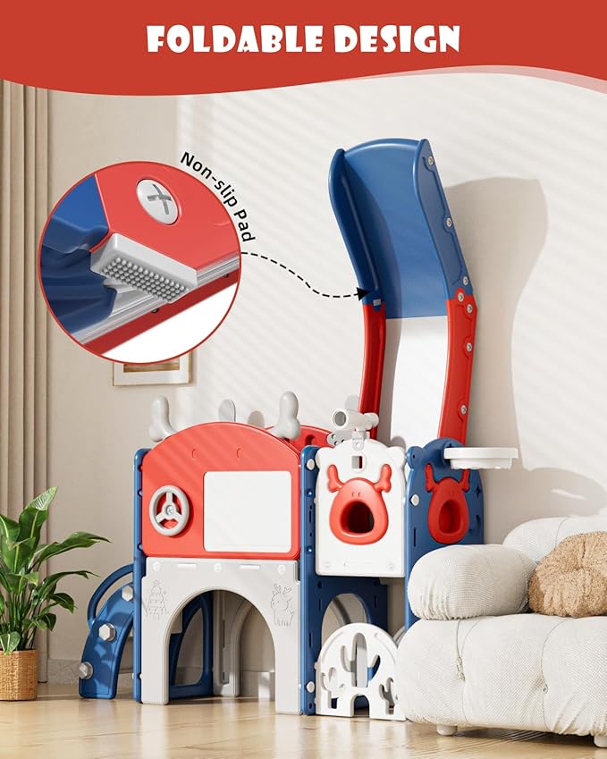 YUFU 12 in 1 Kids Slide for Toddlers, Toddler Slide Playset with Golf, Drawing Board, Climber, Basketball Hoop and Storage Space, Indoor Outdoor Toddler Playground for Kids Age 1-3 (Blue Red)