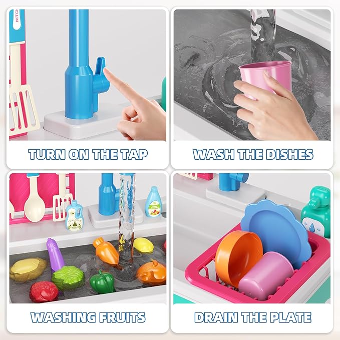 Doloowee Color Changing Kitchen Sink Toys,Electric Dishwasher Playing Toy Play Sink for Kids 3-5 with Running Water,Upgraded Faucet and Play Dishes,Pretend Play Kitchen Toys for Kids Boys Girls(Blue)