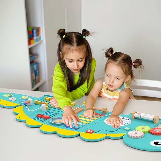 GLACER Dinosaur Wall Busy Board Panels, 11-in-1 Wooden Learning Activity Center for Early Education, Wall-Mounted Montessori Sensory Toddler Toys for Playroom, Daycare, Nursery (Green)