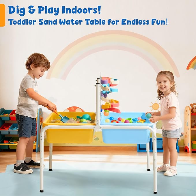 FUNLIO Toddler Sensory Table, Height Adjustable Sand and Water Table for Kids 3-6 Years, 4 in 1 Toddler Water Table with 2 Storage Bins, Acrylic Board & 16 Accessory Pieces, Indoor and Outdoor Play