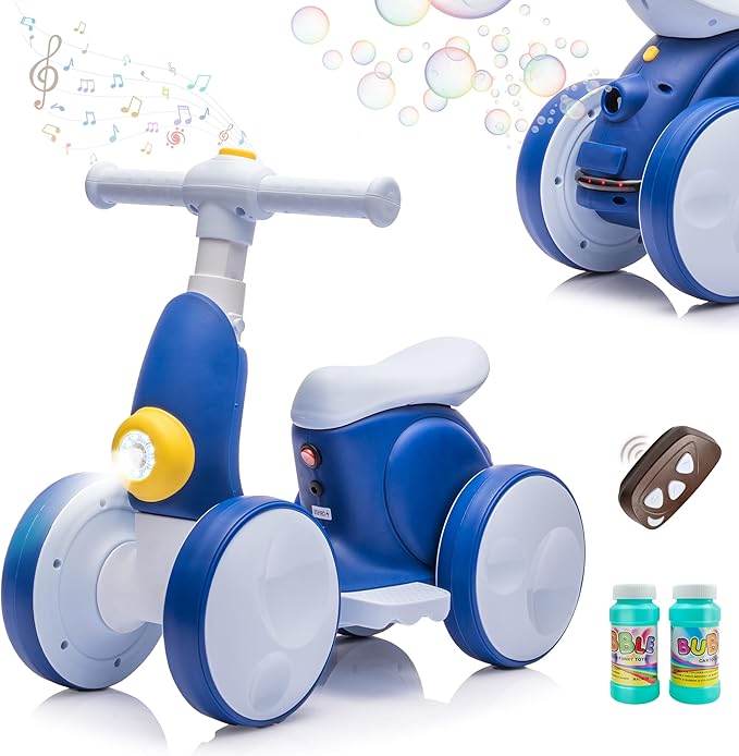 6V Electric Baby Balance Bike with Bubble Machine,4 in 1 Toddler Balance Bike w/Remote Control for 1 Year Old Boys Girls Kids Bubble Bike Ride on Toys w/Powered Motor,Music,LED Lights (Blue)