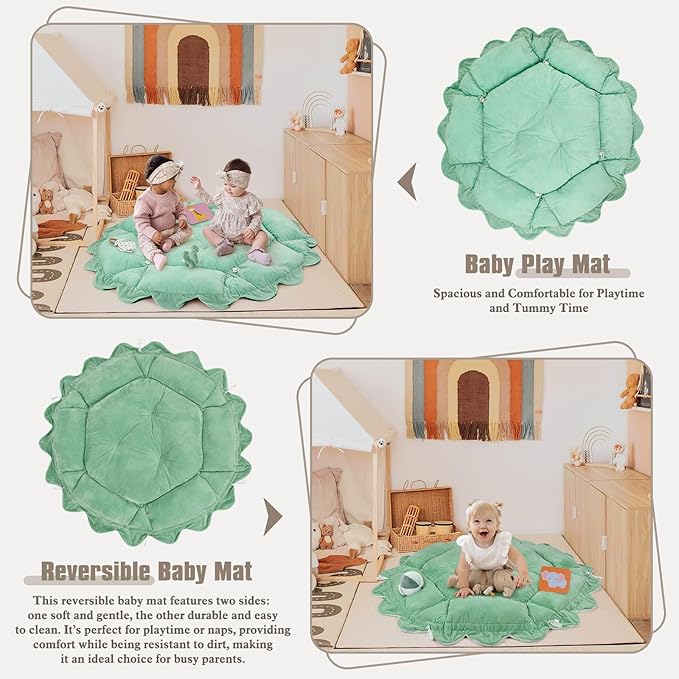5-in-1 Plush Baby Play Gym, Tummy time mat, Play Mat, Baby Gym, Activity Mat with Convertible Gym and Pillow, 6 Sensory Toys, Play Center from Newborn to Toddler, Sage Green