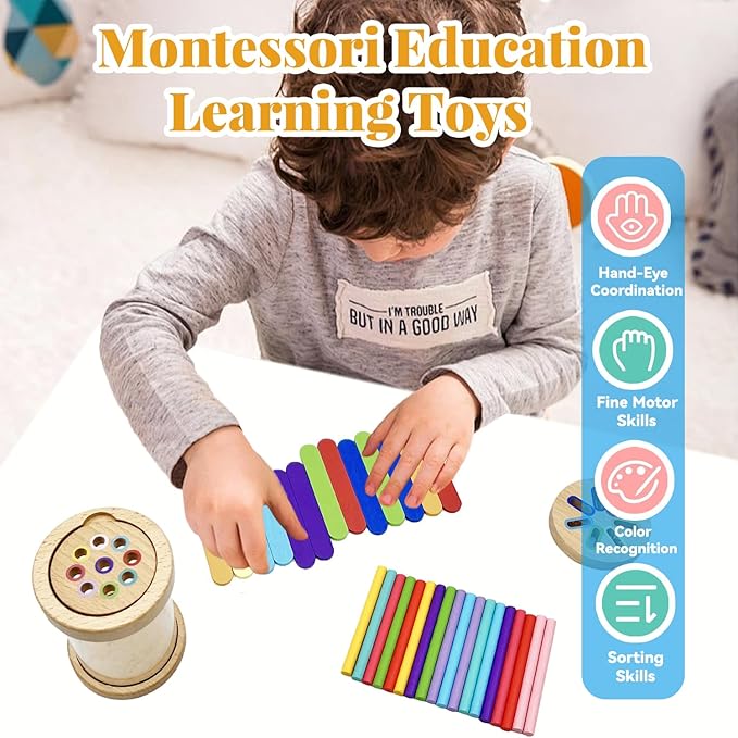 Montessori Wooden Stick Color Sorting Toys for 3 Year Old, Dual Play Educational Preschool Learning Fine Motor Skills Sensory Toys for Toddlers 3-5 Girl Boy Birthday Gifts (Acrylic Bucket)