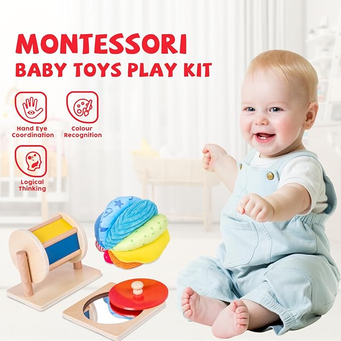 Montessori Baby Toys Play Kit - Mirror, Peekaboo, Knob Puzzle, Spinning Drum, Rainbow Ball - 6-12 Months Toddlers