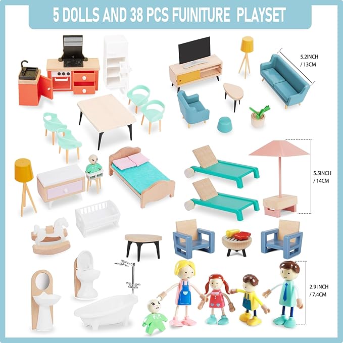 43PCS Wooden Dollhouse Furniture Set 6 Rooms with 5 Family Dolls,Wood and Plastic Dollhouse Accessories, in/Outdoor Scenes Pretend Play Toys Christmas Birthday Gift for Boys Girls & Kids 3Y+
