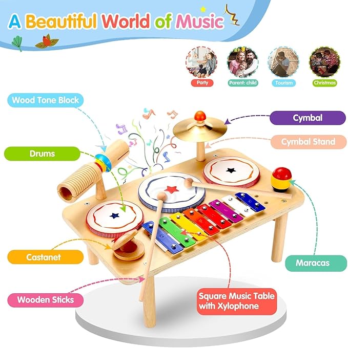WINGYZ Baby Drum Set – 9-in-1 Wooden Musical Instruments for Toddlers 1-3, Montessori Music Toys with Xylophone, Drum, Cymbal & Tone Block, Early Learning Gift for Boys and Girls