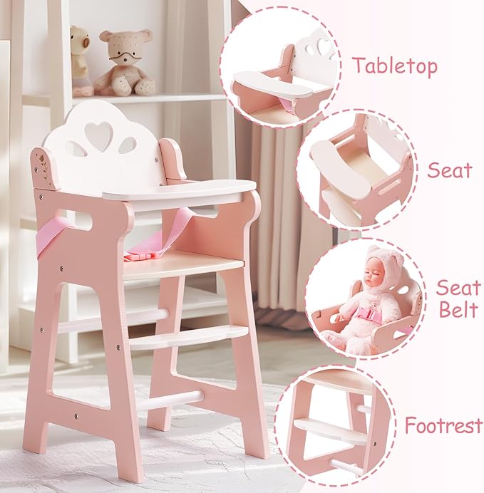 ROBOTIME High Chair for Pretend Play, Wooden Baby Doll Furniture with Safety Belt and Footrest, Fits 18 Inch Dolls, Gift for Ages 3+, White/Pink