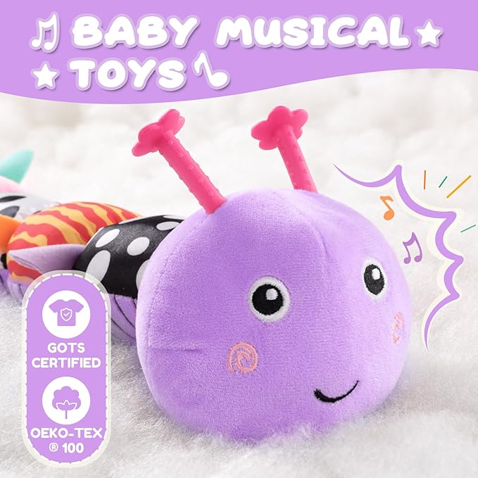 Baby Toys 0-6-12 Months,Musical Caterpillar Stuffed Animals Activity Infant Toys with Crinkle,Rattles,Mirror&Pull String,Muti-Sensory Toys Gifts for Newborn Tummy Time,Taro Purple|Leafy