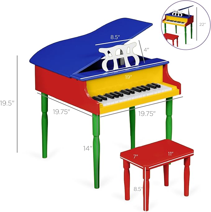 Best Choice Products Kids Classic Wooden 30-Key Mini Grand Piano Musical Instrument Toy w/ Piano Lid, Bench, Foldable Music Rack, Song Book, Note Stickers, Enamel Finish - Multi-Color