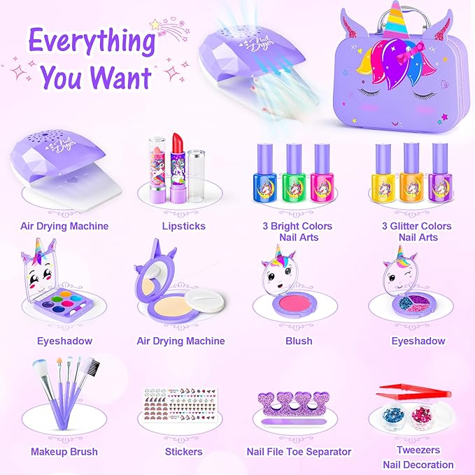 Kids Makeup Kit for Girl - 2 in 1 Kids Washable Makeup Toys & Nail Art Kit with Nail Dryer and Storage Case, Real Girl Makeup Set Birthday Gifts Toys for 3 -12 Year Old Girls, Light Purple