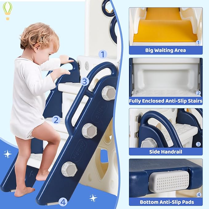Arlopu 7 in 1 Toddler Slide and Swing Set, Kids Climber Playset with Ball & Hoop, Telescope, Suction Cup Reinforced Base, Baby Indoor Outdoor Playground (Dark Blue)