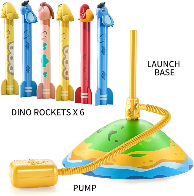 TEMI Dinosaur Rocket Launcher - 6 Dino Rockets, Launch up to 100 ft, Fun Outdoor or Indoor Kids Toy for Boys & Girls Age 3-7, Dinosaur Toy, Birthday Gift for Kids Age 4-8