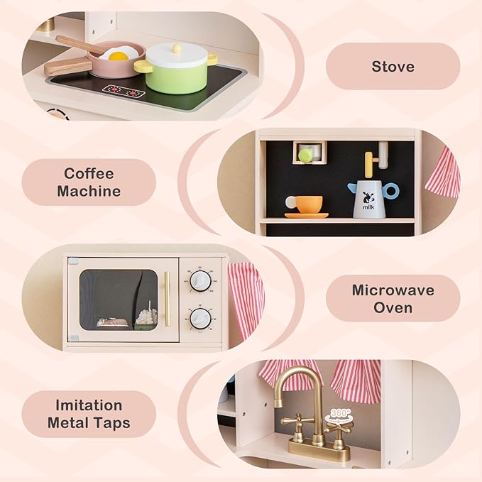 INFANS Kids Kitchen Playset, Cooking Toy Kitchen Set with Coffee Machine Stove Removable Sink Microwave Storage Cabinet, Simulation Wooden Play Kitchen for Toddler Boys Girls