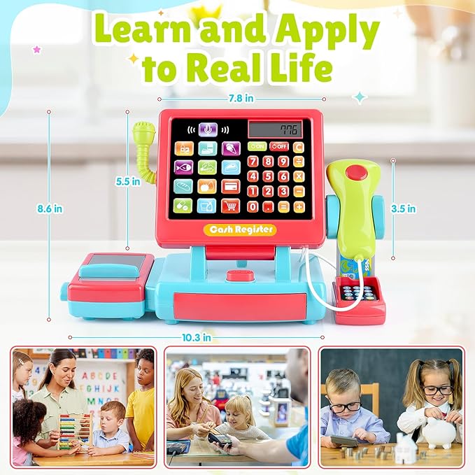PLAY Kids Cash Register Toy Supermarket with Register Pretend Play Calculator Register Toys with Scanner/Microphone/Credit Card/Conveyors/Cans/Drink/Play Money, Cash Register for Kids Ages 3+