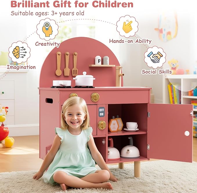 Costzon Kids Kitchen Playset, Little Chef Pretend Play Kitchen w/Stoves, Faucet, Sink, Microwave, Cabinet, Oven & Cooking Accessories, Wooden Play Kitchen for Kids 3+ Years Old (Pink)