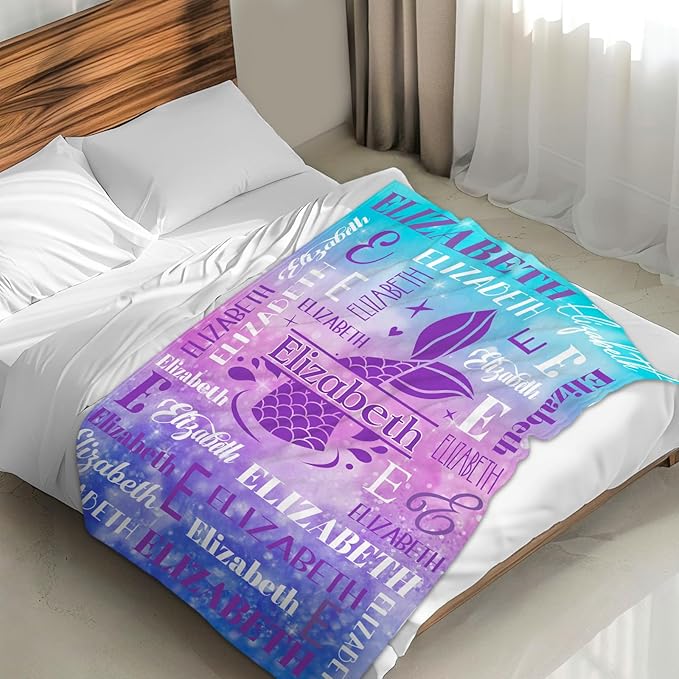 Blankets for Kids Girls 6-8, Custom Mermaid Gifts for Children Teens, Personalized with Name Soft Flannel Lightweight Monogram Name Accessories Blanket for Travel Camping Outdoor Decoration