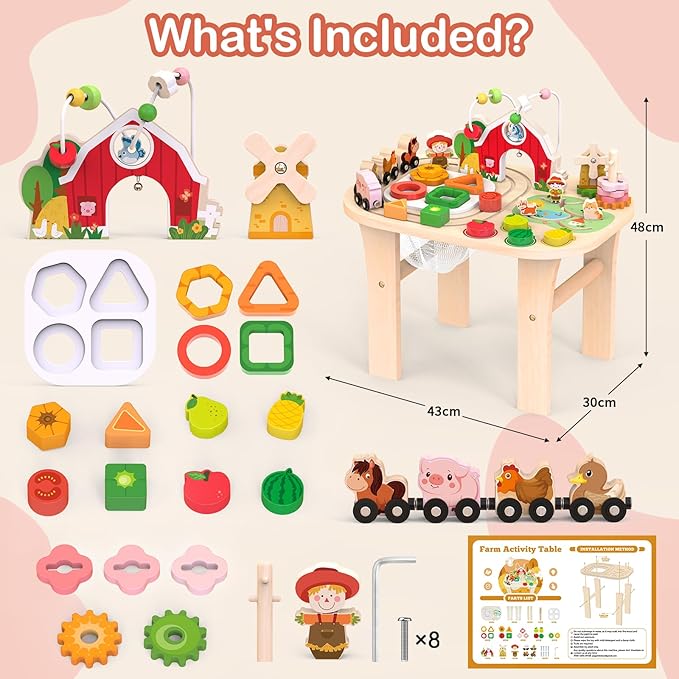 Kids Wooden Farm Activity Table for 1 2 3 Years Old, Montessori Learning Toy with Bead Maze, Shape Sorter & Animal Train, Sensory Development Toy for Toddlers, Educational Gift for Baby Boys Girls 1+