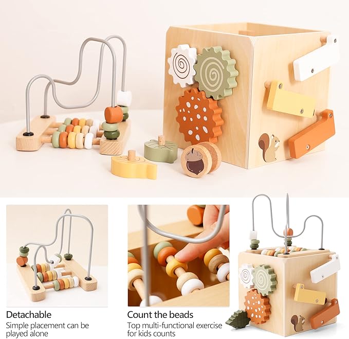 ibwaae 5 in 1 Wooden Activity Cube Play Center Bead Maze Leaves Shape Sorter Learning Montessori Toys for Toddlers 1-3 Early Educational Developmental Learning Toys for Kids