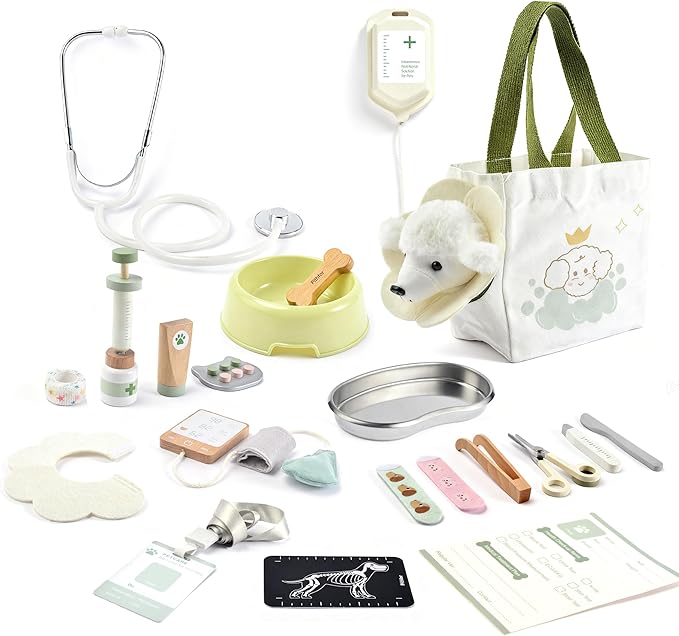 Wooden Doctor Kit for Kids Toddlers, Vet Play Set, Pretend Play Veterinarian Set, Doctor Toys Gift for Boys Girls 3 4 5 6