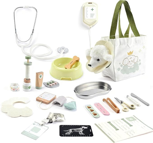 Wooden Doctor Kit for Kids Toddlers, Vet Play Set, Pretend Play Veterinarian Set, Doctor Toys Gift for Boys Girls 3 4 5 6