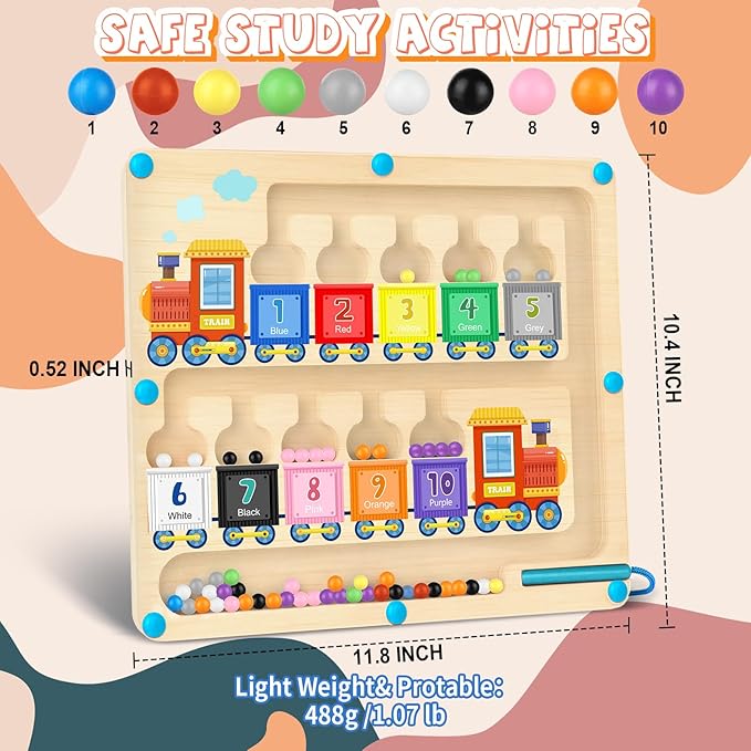 Magnetic Color and Number Maze Toy, Wooden Magnet Balls Puzzles Board, Fine Motor Skills Toddler Activities, Montessori Gift for Boys Girls 3-5 Years Old, Preschool Busy Board for Kids