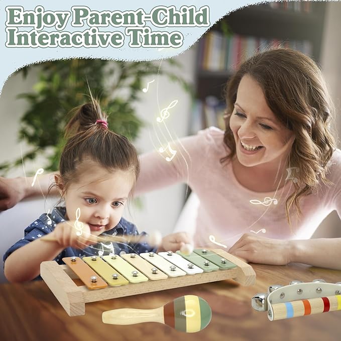 Baby Musical Instruments Montessori Wooden Toys for Toddlers, Neutral Colors Percussion Instruments Set, Modern Boho Xylophone Tambourin