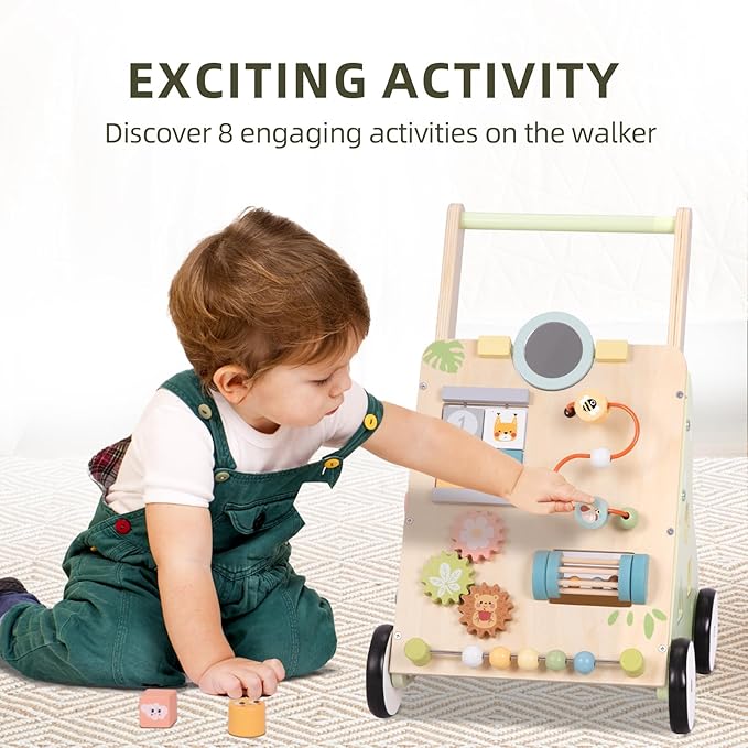 OOOK Wooden Baby Walker with Wheels, Montessori Baby Push Walker, Sit to Stand Walker for Baby Boy 6-12 Months, Toddler Standing Activity Center for Boys and Girls