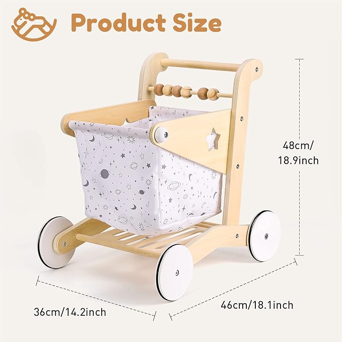Woodtoe Wooden Baby Walker Doll Stroller | Adjustable Speed Shopping Cart for Toddlers 1-3 | Baby Push Walker - Pretend Play Grocery Cart | Wood Stroller Push Toys for Baby 1 2 3, 1st Birthday Gift