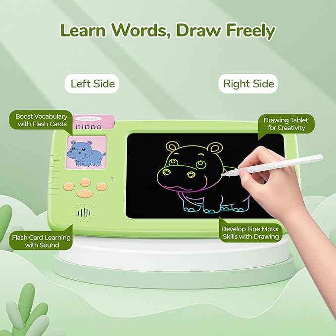 Talking Flash Cards for Toddlers - 2-in-1 LCD Writing Tablet Kids - Montessori Language Learning with 510 Words - Autism & Speech Therapy Toys for Children Gifts, Green