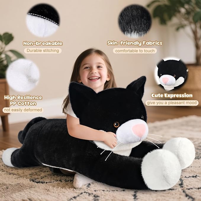 43 inch Black and White Cat Stuffed Animal, Lifelike Tuxedo Cat Plush Toy for Stress Relief & Companion, Extra Soft Giant Stuffed Animals, Giant Plushies Gifts for Kids Adults