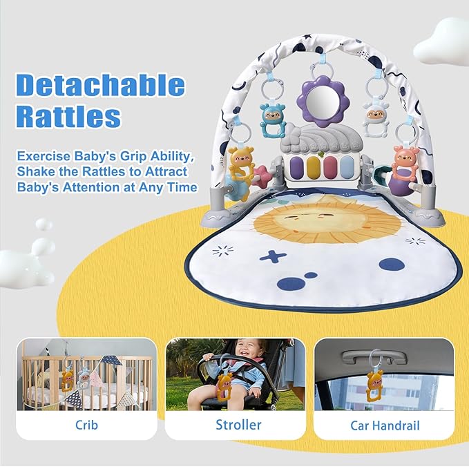 Baby Play Gym Mat, Baby Gym Activity Center, Kick and Play Piano with Music and Light, Tummy Time Toys for Newborn Babies Infants Boys Girls 0-3-6-9-12 Months (Grey)