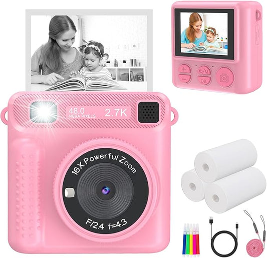Kids Instant Print Camera - Christmas & Birthday Gift for Boys and Girls Ages 3-12, HD Digital Video Camera Toy with 3 Rolls Printing Paper & 32GB Card (Pink)