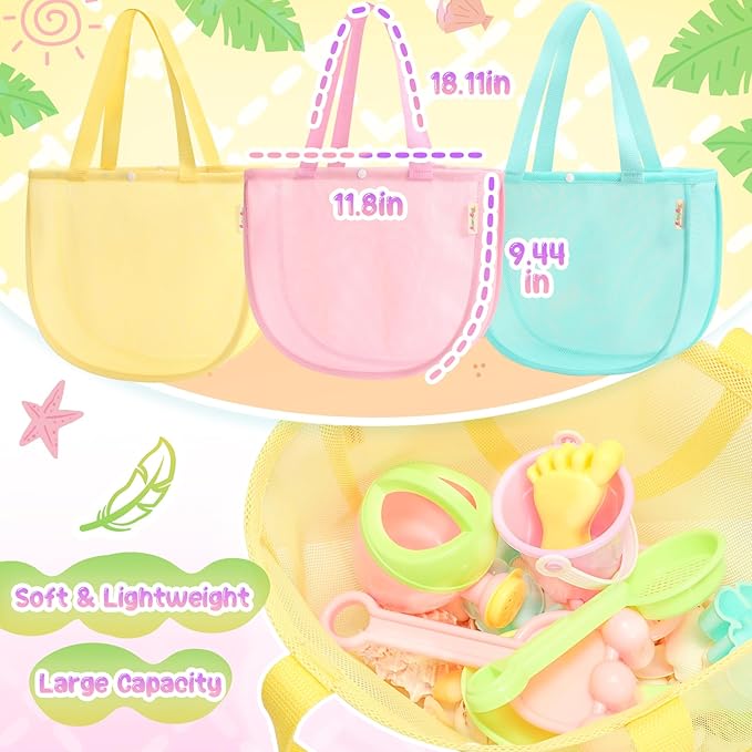 Tagitary Beach Toy Mesh Beach Shell Bags for Kids, Sand Toys Kids Beach Essential Treasure Bag Swimming Pool Bag Beach Gift for Boys and Girls(Only Bags,A Set of 3)